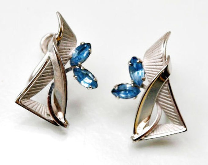 Sterling Earrings - Blue Rhinestone - Silver - screw back earrings