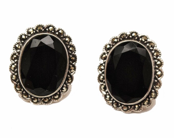 Black Onyx marcasite earrings in scallop sterling silver setting pierced