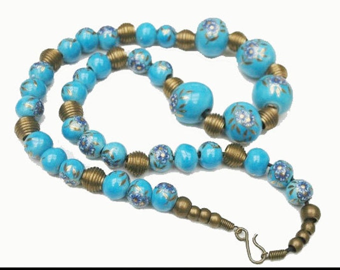 Brass and Blue Bead Necklace - Ceramic Blue - Floral flower Bead Boho