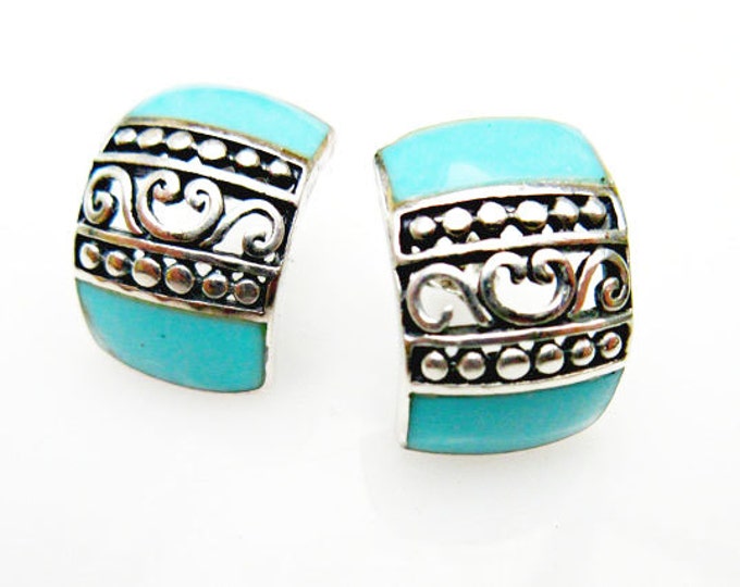 Turquoise Sterling Silver Earrings half Hoop Filigree Pierced Earrings