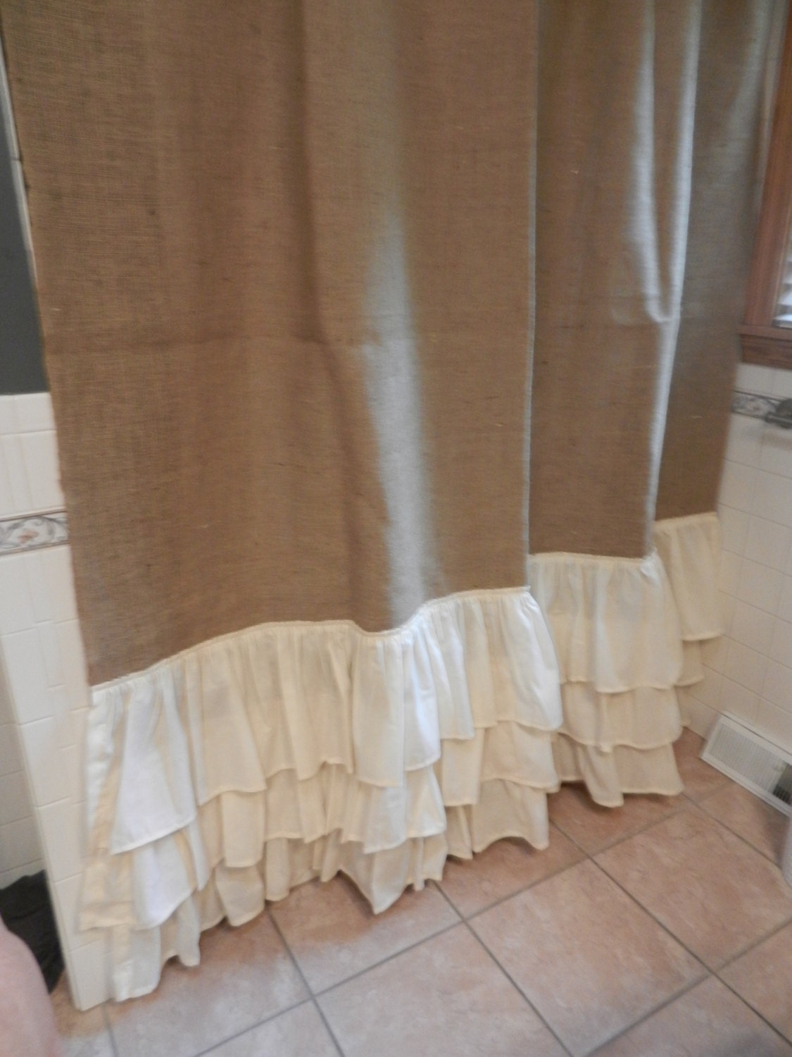 Burlap and Muslin Ruffled Shower Curtain.