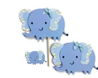 Blue Elephant Cake Topper and Matching Card , Elephant Centerpiece , Party Supplies