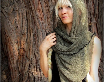 Festival Hood Cowl ~ Post Apocalyptic Burning Man Playa Wear ~ Sheer Knit Mesh Sweater Poncho Scarf ~ Khaki Green, White Cream, Black,