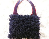 Vintage mid century boho black shaggy rug lucite large  tortoise shell handles cloth  hand tote bag purse handbag bag modern