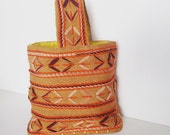 Vintage mid century boho wood crewel burlap handle cloth hand tote makeup travel sewing basket embroidery southwestern indian purse