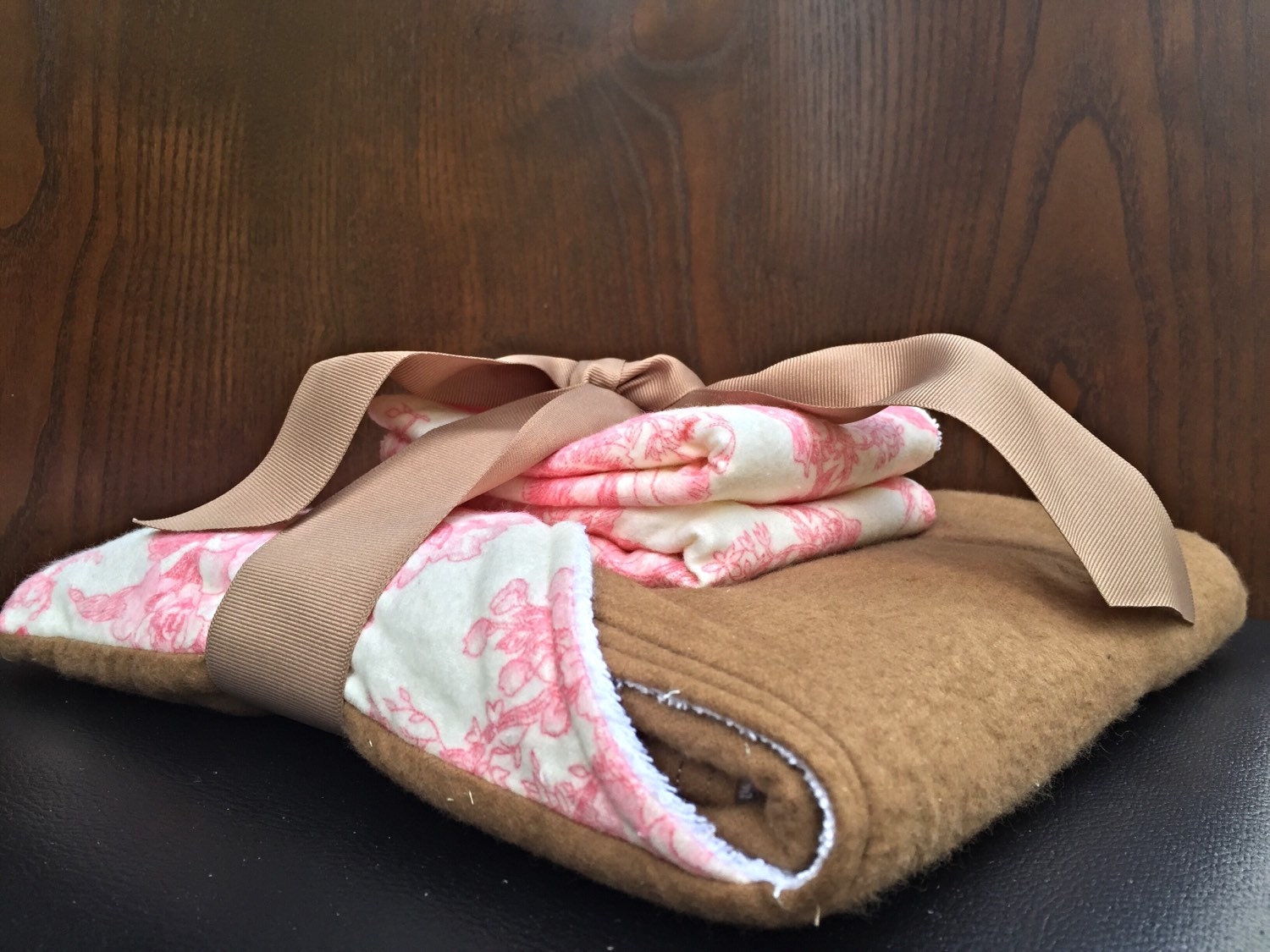 Hooded Baby Towel and Two Washcloths in brown and rose flannel