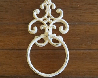 Fleur de Lis Towel Ring / Creamy White or Pick Color Towel Hanger / Heavy Cast Iron Towel Hook / Shabby Chic Bathroom Accessory /Powder Room