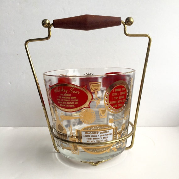 Vintage Mid Century Glass Ice Bucket With Holder