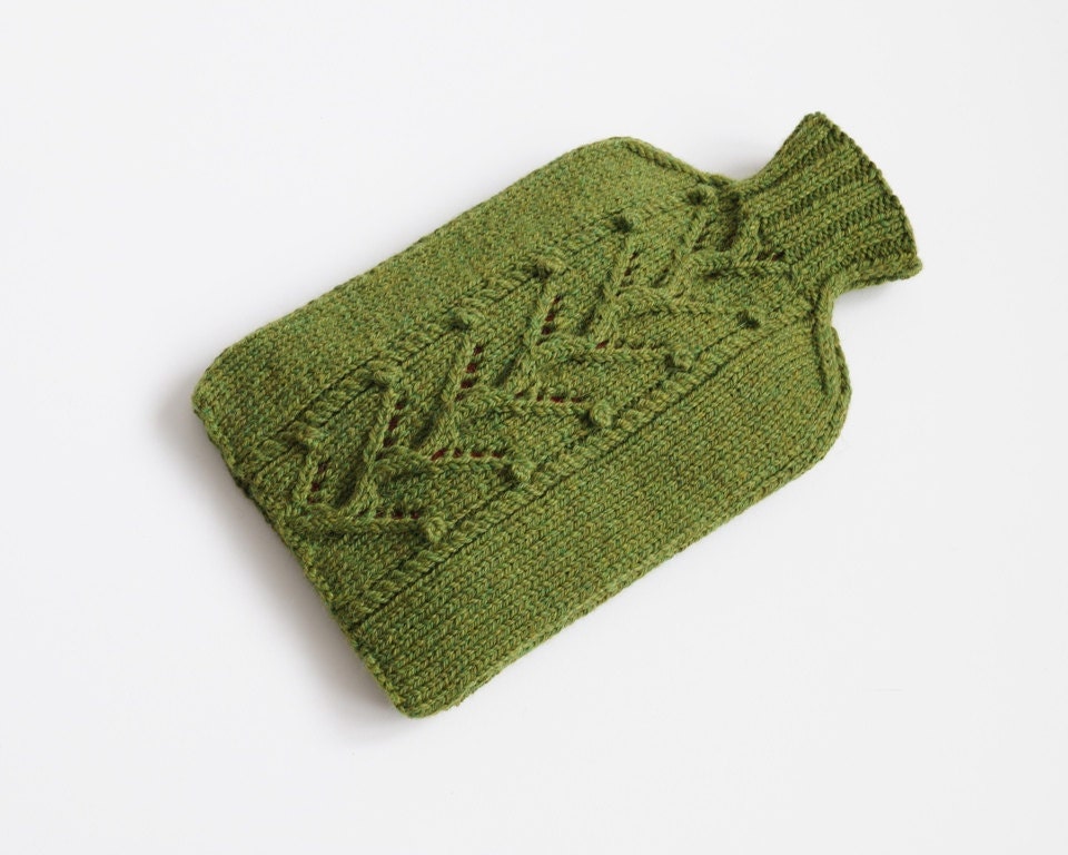 Knitted Hot water bottle Cosy Cover Olive Green by Lindyknits