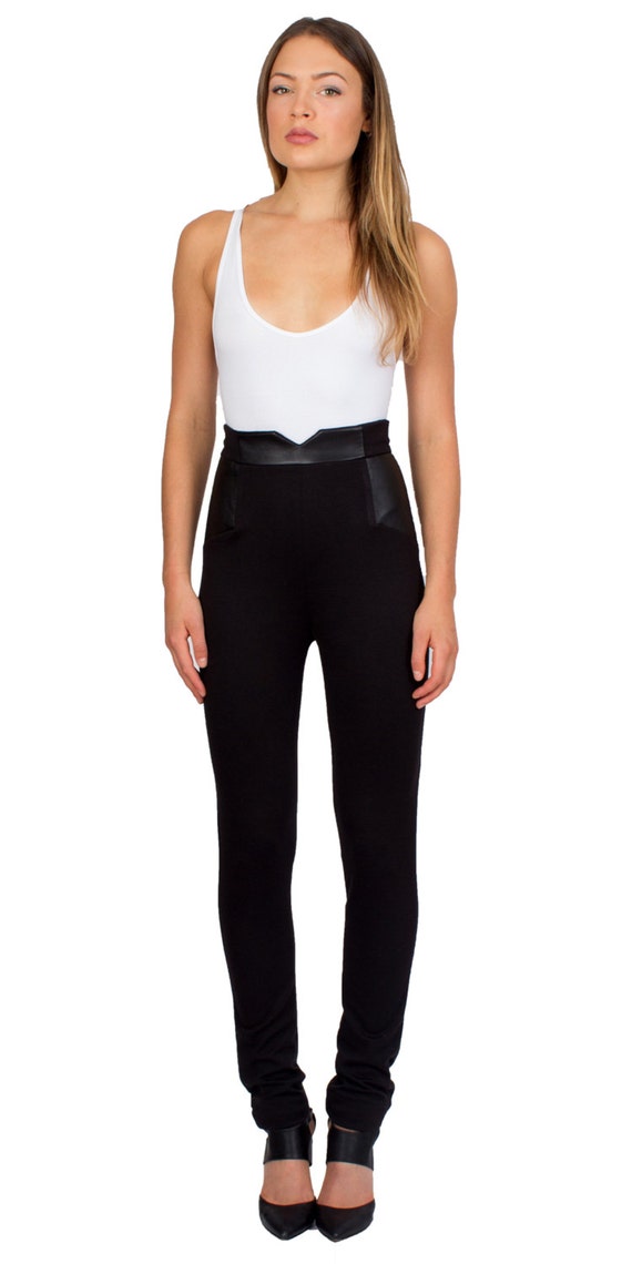 High Waist Pants Black Pants Leather Pants No Pockets by tetianak