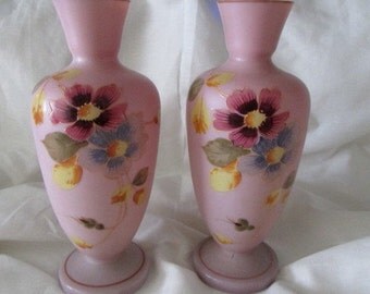 Pair VICTORIAN BRISTOL VASES Antique pink glass Hand painted flowers G D
