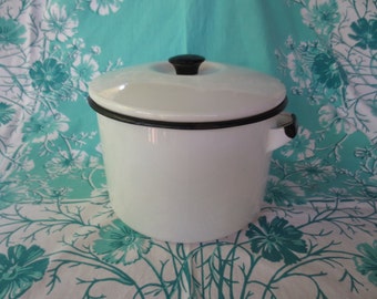 NEW PRICE White Enamelware Pot with Lid and black trim