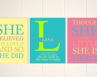 Girls inspirational wall art, baby girl nursery art, though she be but little, she believed she could, set of 3