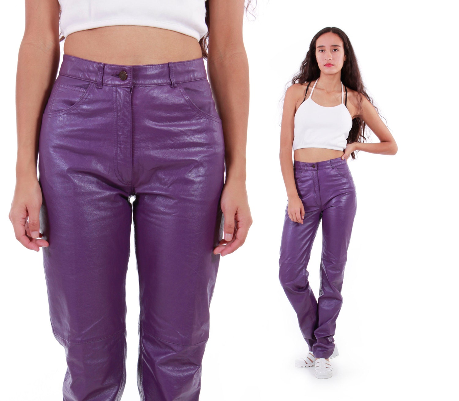 Purple Leather Pants High Waist Slim Fit Straight By Katrajinaco 9899