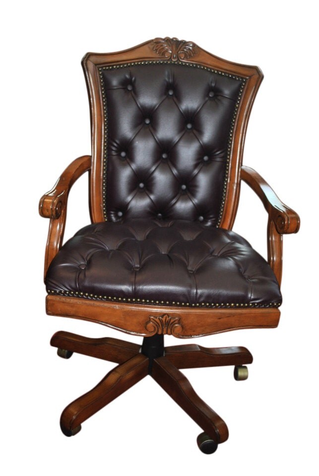 Executive Office Desk Chair French Style Walnut Tufted Plum Leather 44