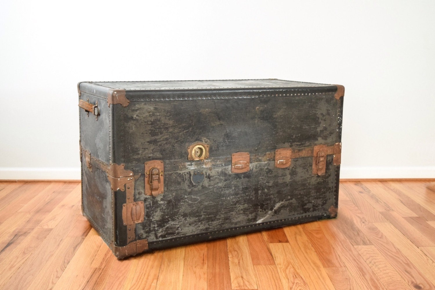 steamer trunk, travel trunk, rustic trunk, black trunk, large wardrobe