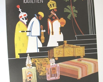 Dralle perfume advert, reproduction of vintage Art Deco advertisement, artist Tibor Rez, perfume bottles picture, three wise men, colour ad