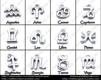 Silver Zodiac Charms ( Aquarius, Aries, Cancer, Capricorn, Gemini, Leo, Libra, Pisces, Sagittarius, Scorpio, Taurus, Virgo)