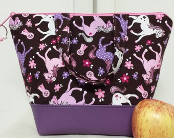 Insulated Lunch Bag,Kids, Vinyl Bottom,Sweet Pony Lunch Box,Horses,School Lunch Box,Heavy Nylon Lining,Washable, Tote, Inner Zipper Pocket.
