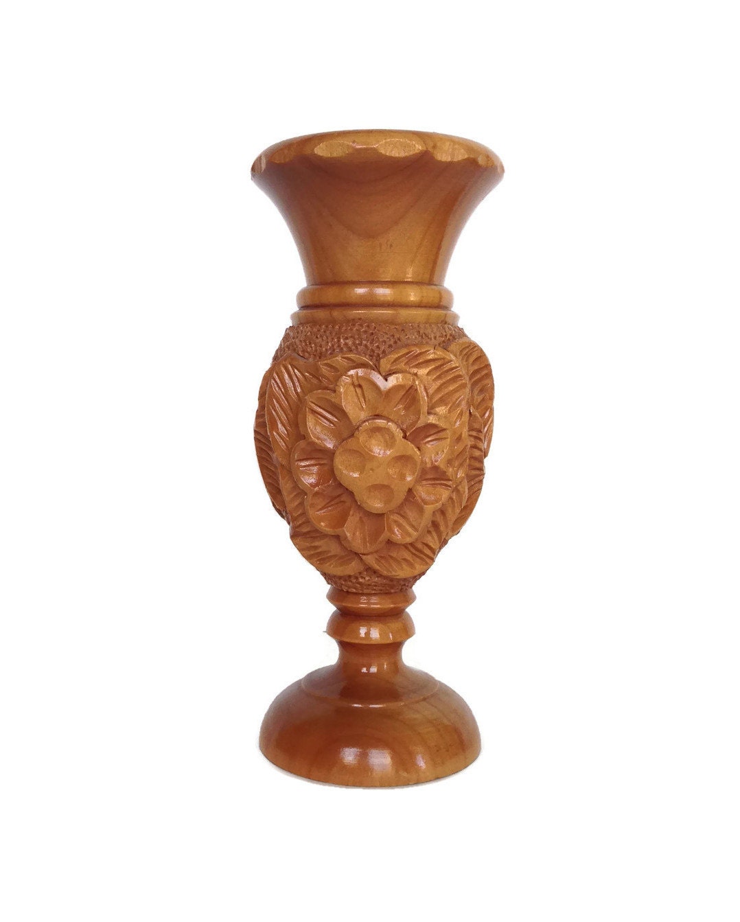 Vintage wood vase hand carved turned floral design