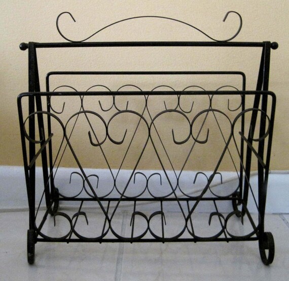 Mid Century Wrought Iron Magazine Rack Stand, Retro Black Metal Scroll