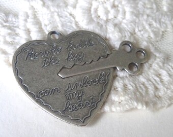 1- Heart Key Charm Vintage 2 Piece Set He Who Holds The Key Can Unlock My Heart Large Valentine Pendant Jewelry Making Inv0464
