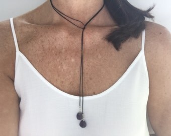 Black Leather Wrap Necklace with Two Amethyst Drops, Leather Necklace, Modern, Minimalist, Black, Purple & Silver, Women's Leather Necklace