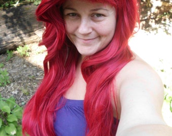 Ariel Wig, Princess Wig, long red wig, mermaid wig, cosplay wig, adjustable, bangs, bright red, styled, heat safe, straight, ariel costume