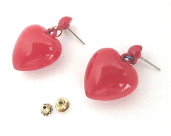 Vintage Heart Earrings - Dangling Red Heart Pierced Earrings, Lucite Studs, Perfect Gift, Gift Box