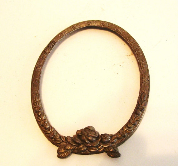 Antique Small Oval Picture Frame Brass with Rose Design
