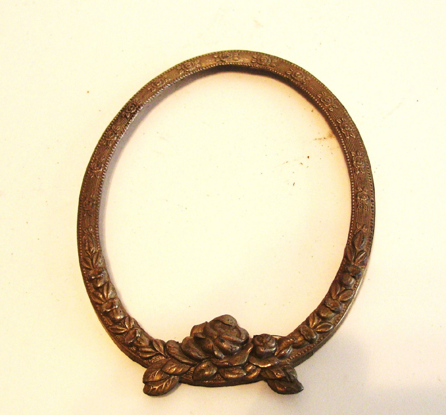 Antique Small Oval Picture Frame Brass with Rose Design