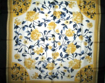 Vintage Pure Heavy Dupioni Silk scarf ALSF beautiful black gold peony roses floral wrap