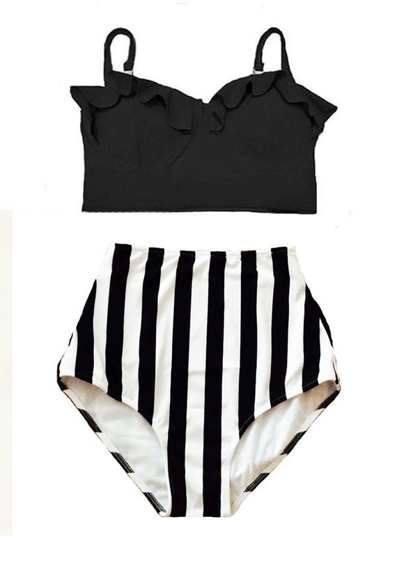 Black Midkini Top and White/Black Stripe High Waisted Waist