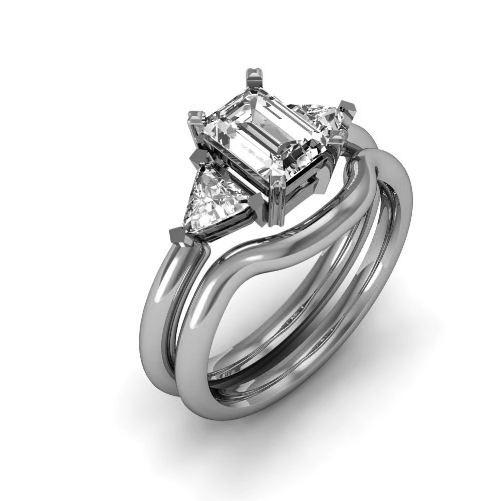 18K White Gold EmeraldCut Engagement Ring Set by WorldJewels