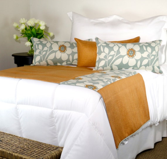 Luxury Bedding Set in Terra Cotta with Blue and Cream Floral