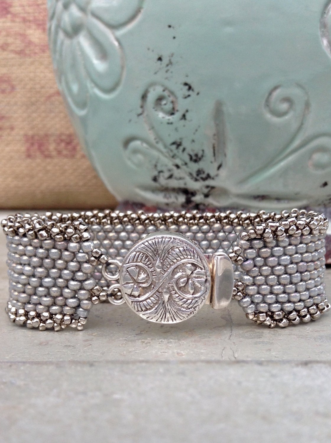 Peyote Stitch STATEMENT Bracelet Sterling Silver Clasp