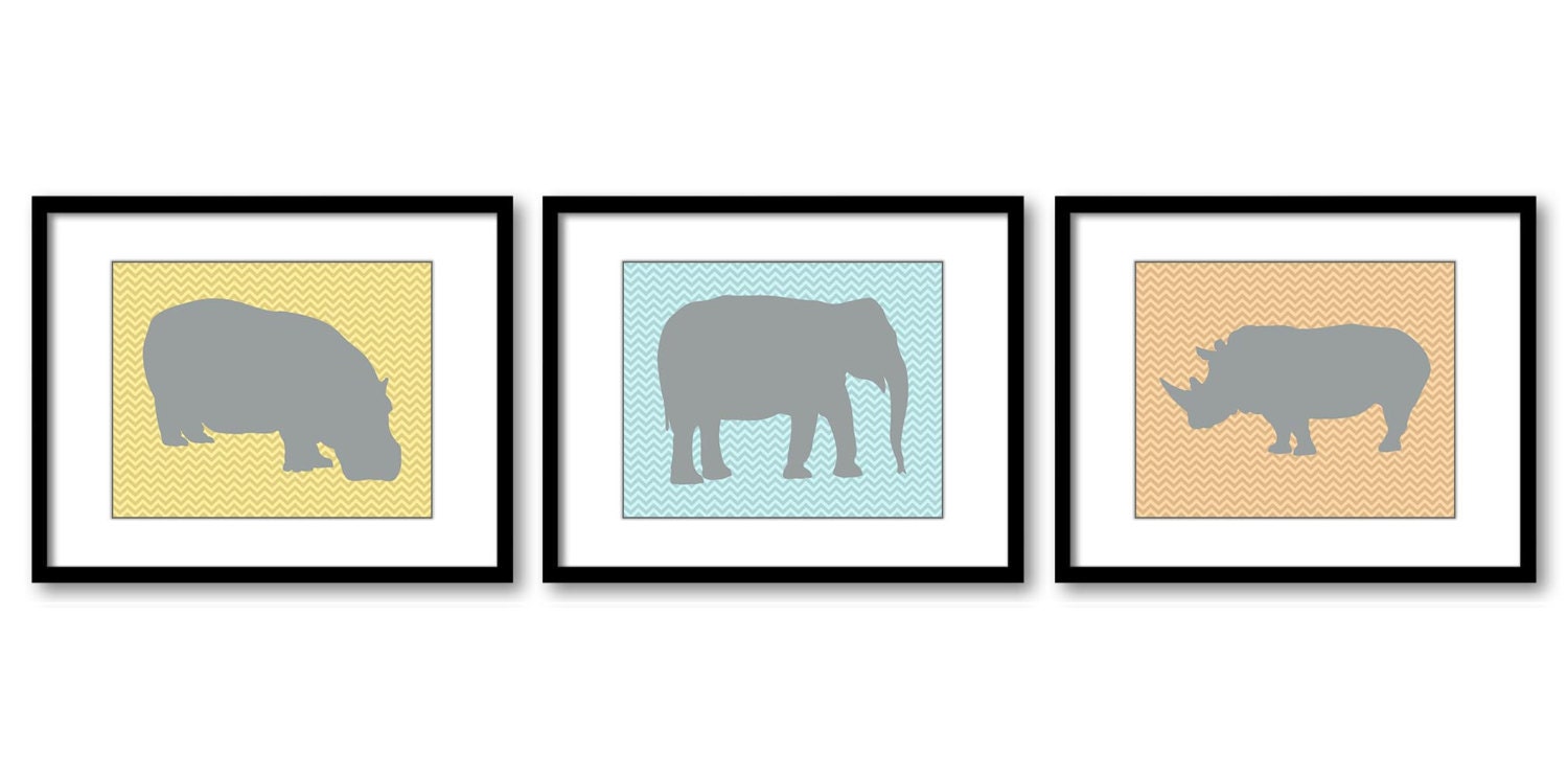 African Safari Animals Prints Grey Pastel Blue Yellow Orange Kid Room Art Nursery Art Chevron Set of