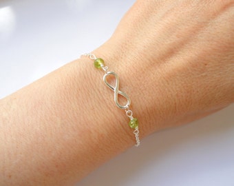 Sterling silver Infinity peridot bracelet, Infinity bracelet, Infinity jewelry, Bridesmaid gift, August birthstone bracelet,Gifts