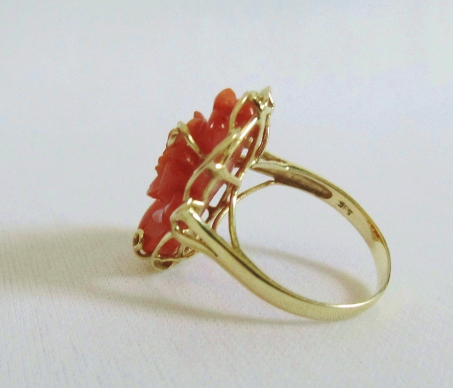 Gold Carved Coral Ring Large Vintage Art Deco Ring Size 7