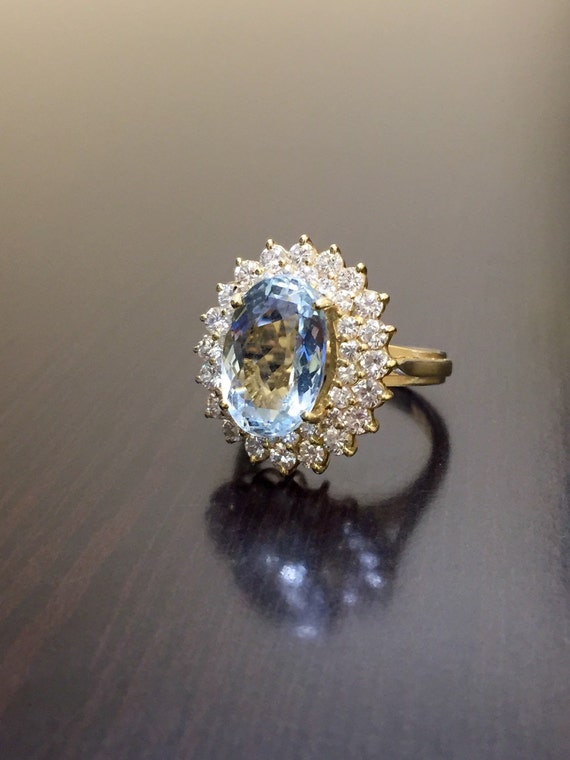 14K Yellow Gold Aquamarine Halo Diamond by DeKaraDesigns on Etsy