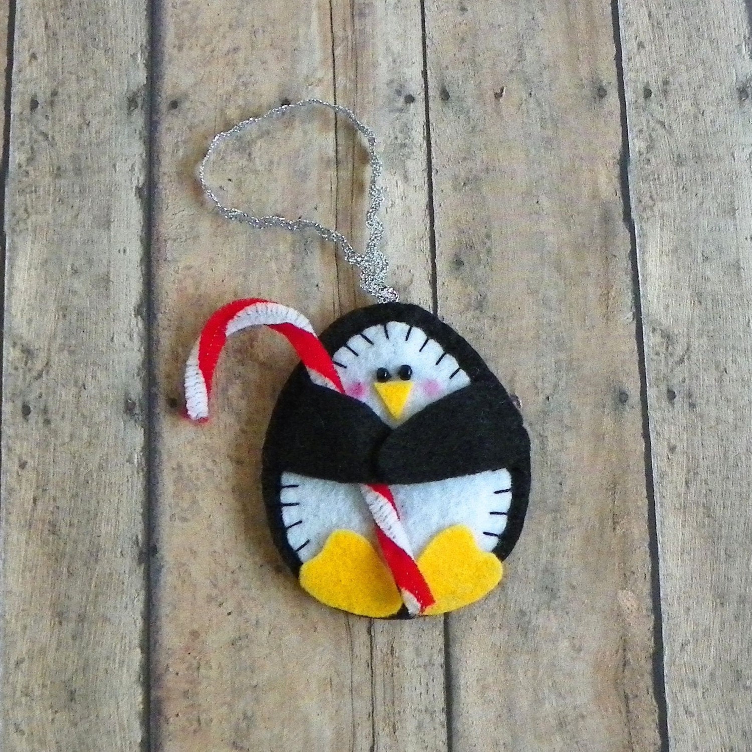 Felt Penguin Holding Candy Cane Christmas Ornament