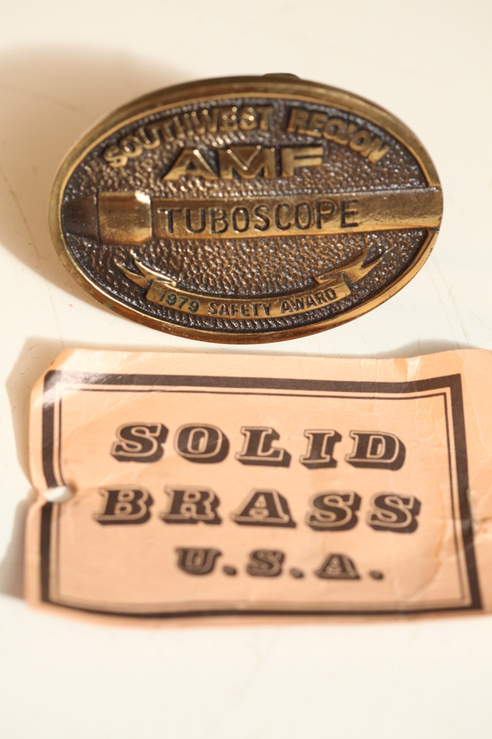 Vintage BRASS Belt BUCKLE Safety Award AMF Tuboscope 1979 w Bag
