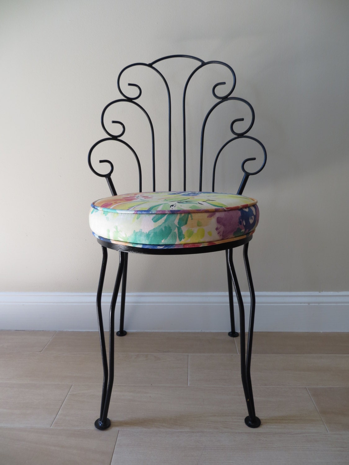 Vintage Vanity Iron Boudoir Chair Hairpin Legs Black with Floral Yellow Blue Pink Green