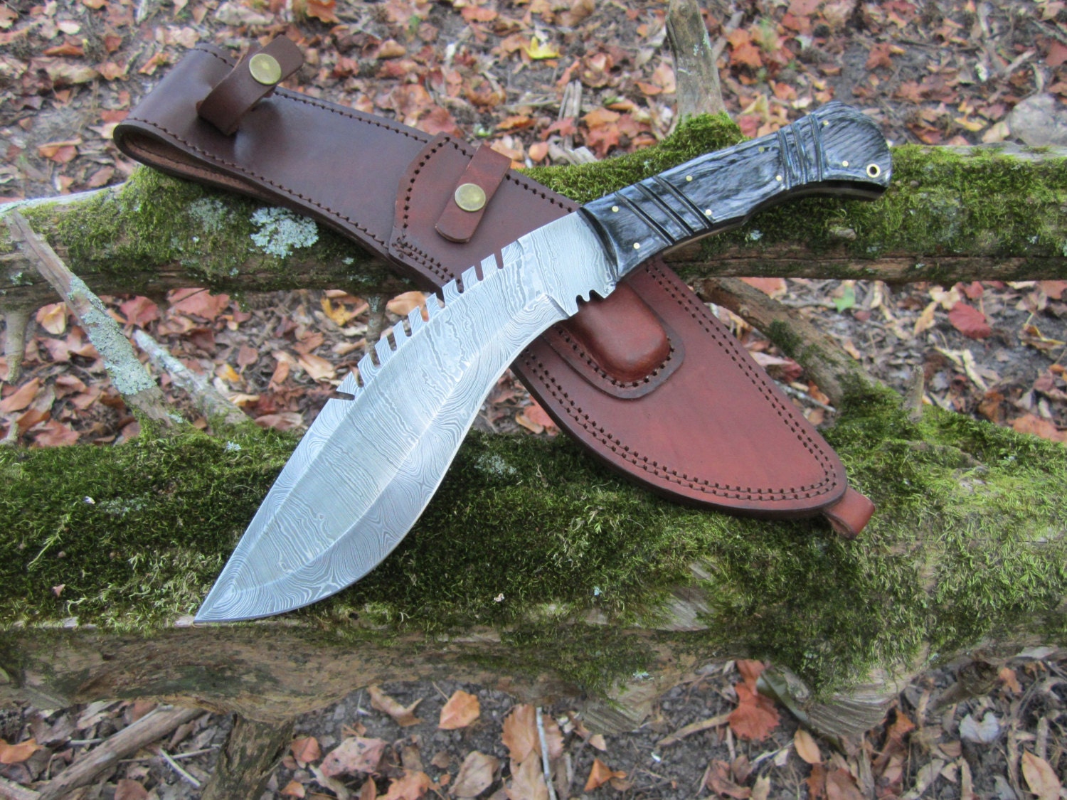 Damascus Steel Kukri Knife 14 with Gray Wood Handle and