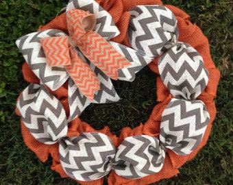 Fall Door Wreath Fall Burlap Wreath Autumn Wreath Harvest Wreath Orange and Natural and Gray Chevron side Bow