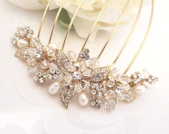 Gold Wedding headpiece, Gold Bridal hair comb, Pearl hair comb, Rhinestone headpiece, Vintage style hair comb, Bridal hair clip, hair vine