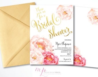 Peony Bridal Shower Invitation Peonies Pink Watercolor Calligraphy Faux Gold Foil Elegant - CALABASAS Collection