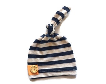 Bamboo Newborn hat, hospital hat, knot hat in navy and heather cream stripe READY TO SHIP!!
