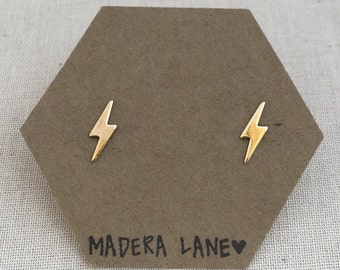 Tiny Lightning Bolt Stud Earrings in Gold. Sterling Silver Posts. Electric stud earrings. Basic Shape Earrings. Minimalist Everyday Jewelry.