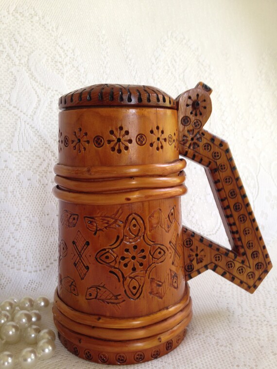1961 Hand carved wooden beer stein intricate design very